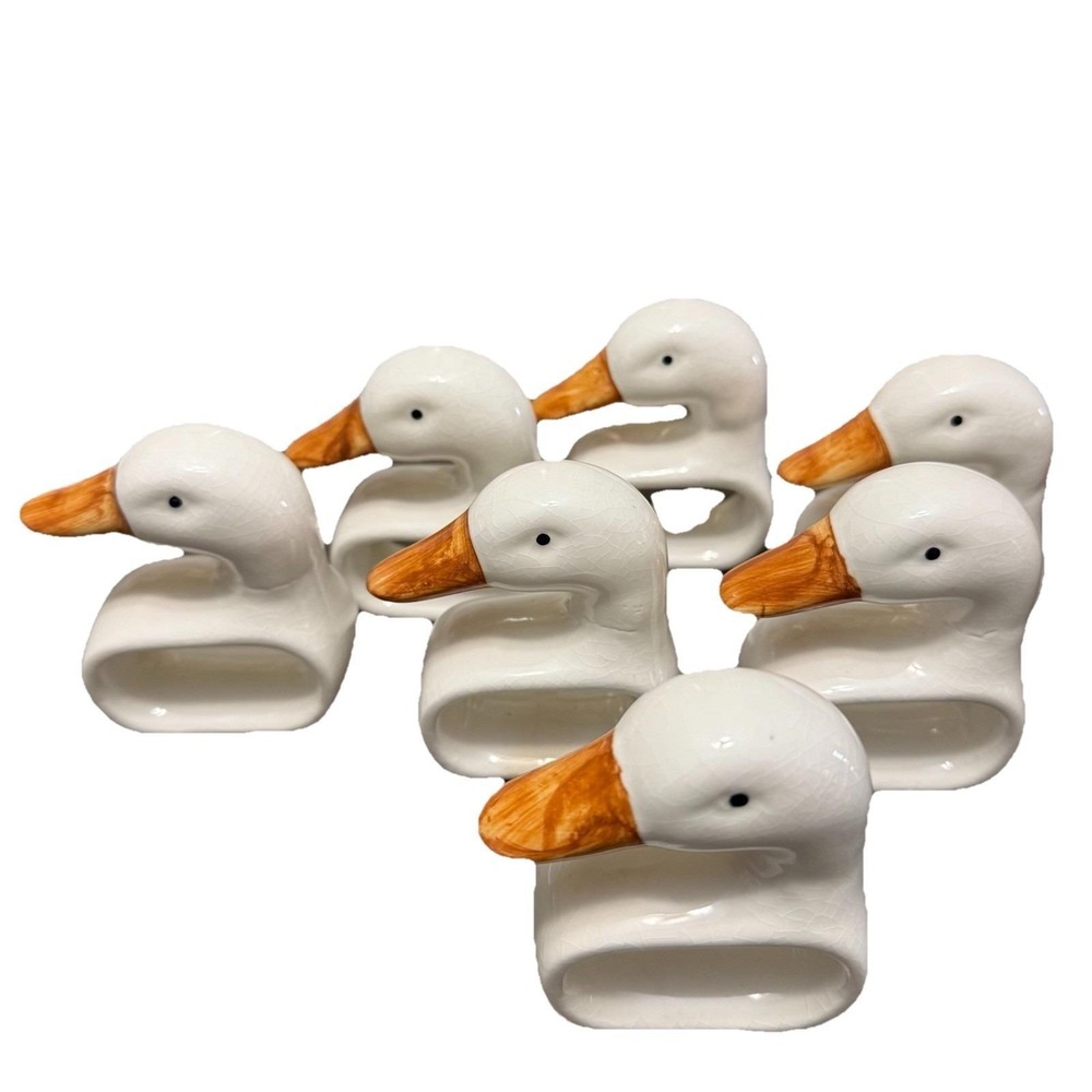 Vintage White Goose Duck Swan Napkin Rings  Set of 7 Retro Mid Century Farmhouse